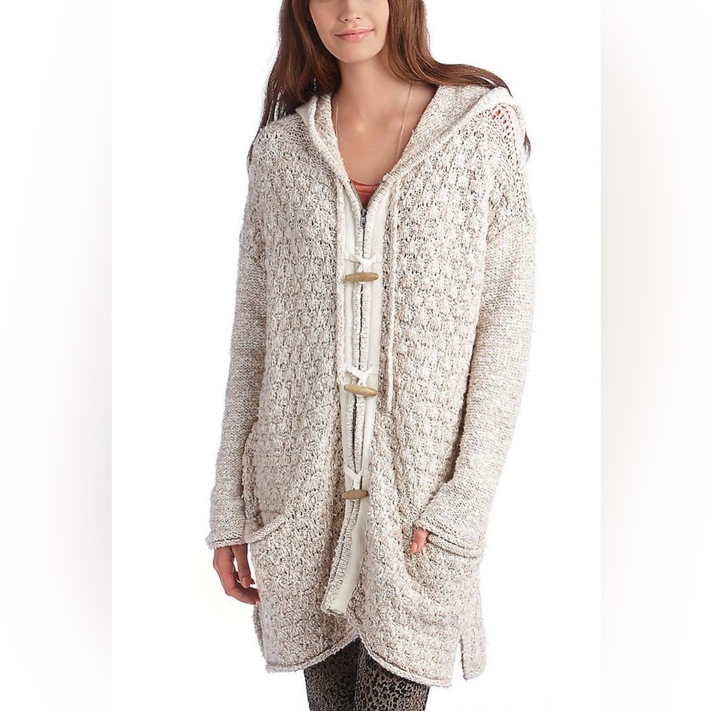 Free People | Women’s tan/cream Turn Up The Sun hooded toggle sweater coat Sz XS - Picture 16 of 17